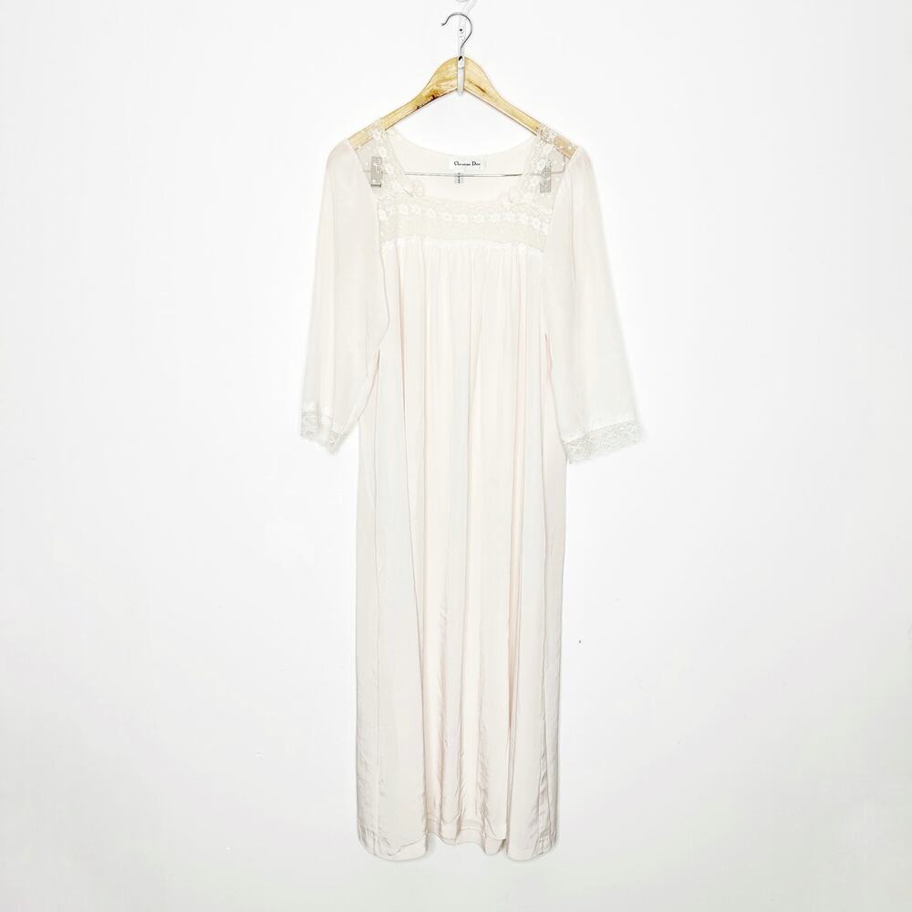 VTG CHRISTIAN DIOR pink 100% Nylon Lace Trim 3/4 Sleeve Midi Length Nightgown S